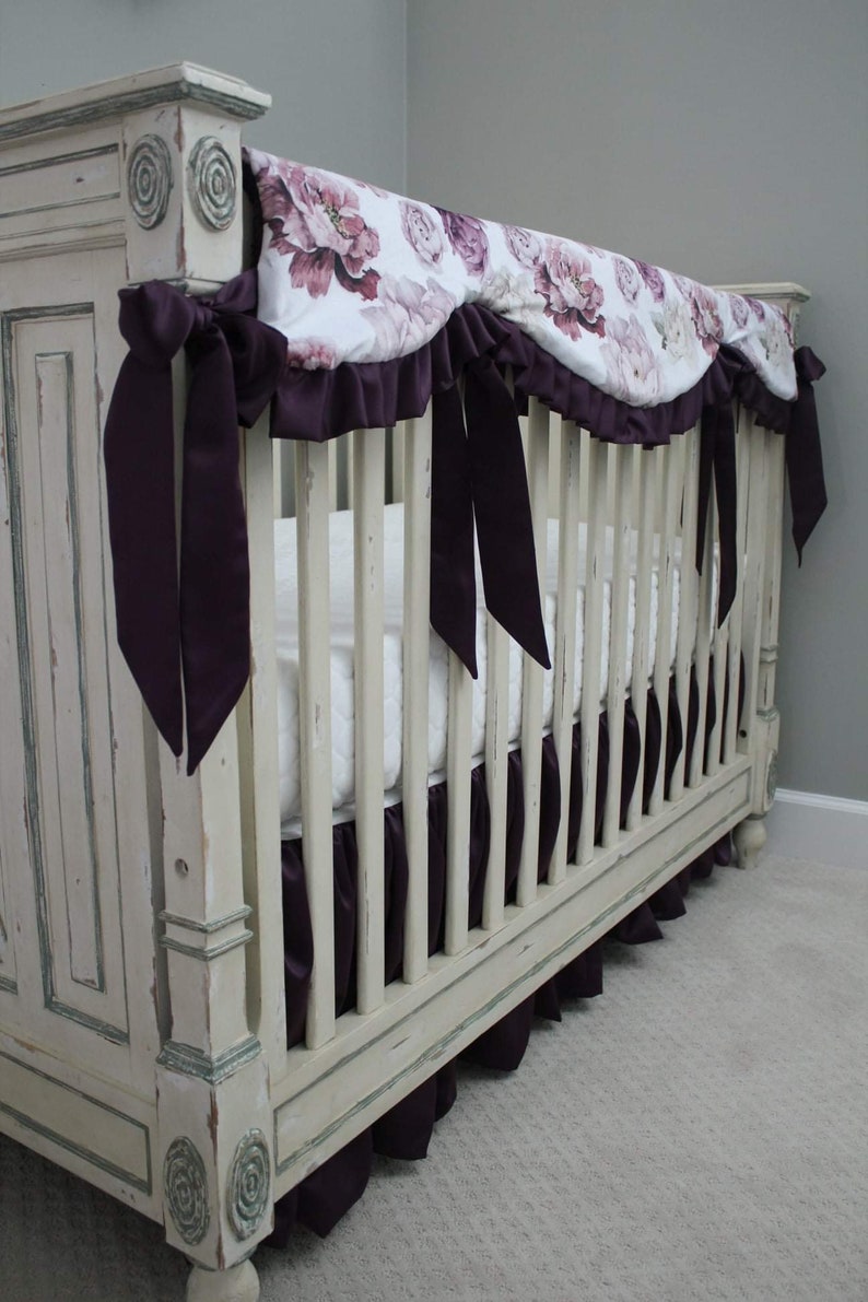 Reversible Rail Guard Cover Peony Floral Minky with Plum lattice Minky Plum Satin Crib Bedding