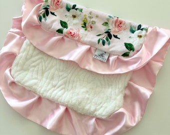 Vintage Rose Lovie BABY BLANKET Blush Rose Floral Natural Hide Minky Champagne Gold Satin Trim - Girl Crib Bedding, Nursery, Off White