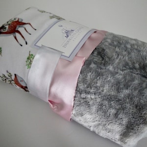 Fawn Deer Baby Blanket: Floral Antler, Silver Gray Minky, Pink Satin