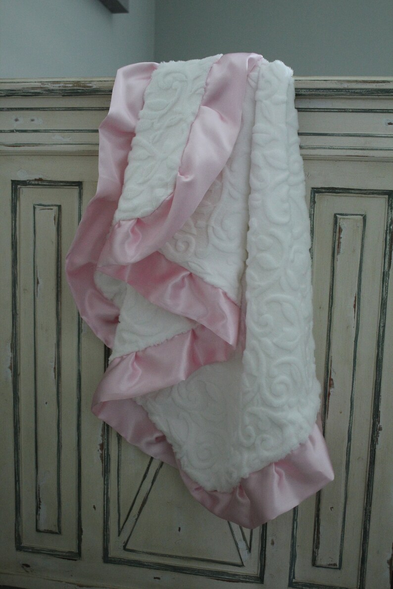 Minky Vine Embossed Baby Blanket in White with Light Pink Satin Trim Baby Girl Crib Bedding Infant and Toddler