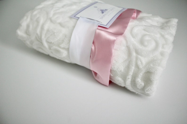 Minky Vine Embossed Baby Blanket in White with Light Pink Satin Trim Baby Girl Crib Bedding Infant and Toddler