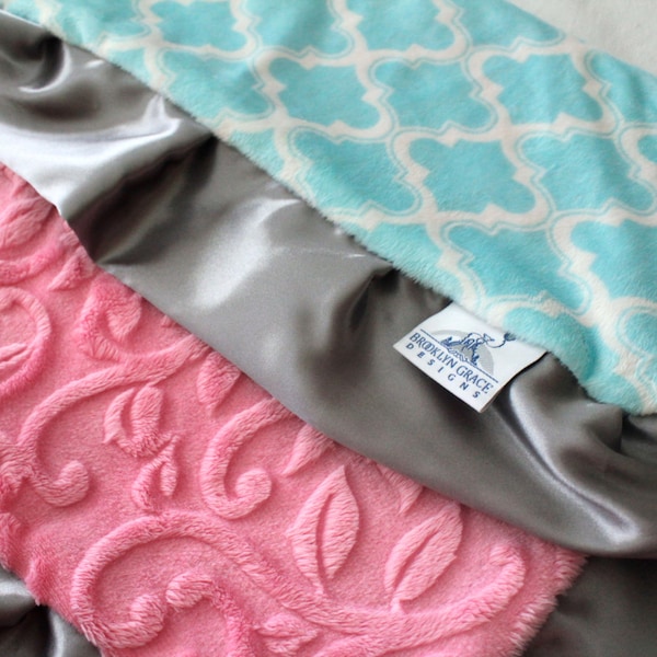 LOVIE BLANKET: Aqua Moroccan Tile with Sofia Pink Embossed Vine Minky & Charcoal Gray Satin, Lovie, Girls, Baby, Nursery, Crib Bedding