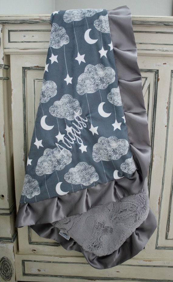Star, Cloud, Moon Gray and White Minky With White Tile or Silver Hide Minky,  Dark Gray Satin Trim, Gender Neutral, Crib Bedding, Nursery 