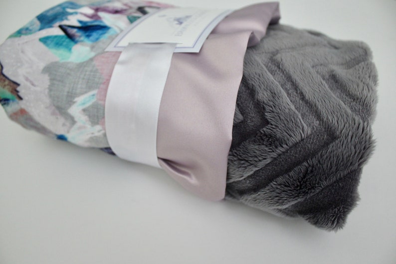 Call of the Mountains Gray Minky Blanket Baby Shower Pink Dawn Satin Aqua Lavender Nursery Peaks and Valleys Plum Crib Bedding