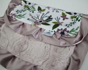 LOVIE BLANKET: Lavender Floral Sprigs with Rosewater Hide Minky Back and Dusty Lilac Satin Trim - Girl Nursery, Baby Girl, Sage Green