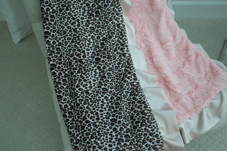 ADULT MINKY BLANKET Corporate Gift Travel Toffee Cheetah Minky with Blossom Hide Minky Back and Champagne Satin Trim