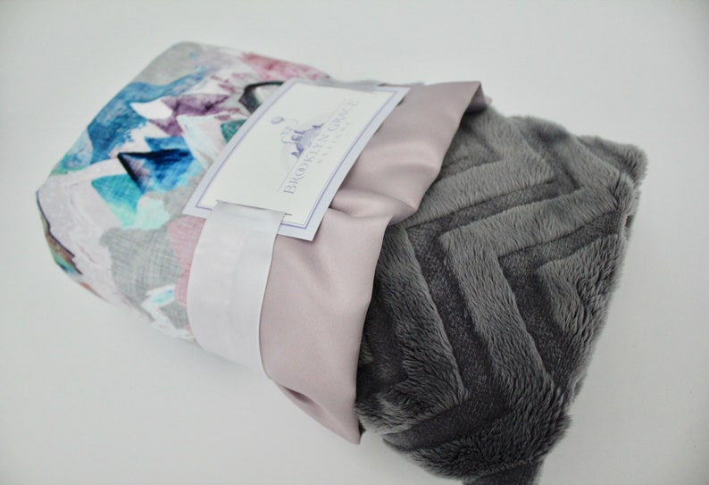 Call of the Mountains Gray Minky Blanket Baby Shower Pink Dawn Satin Aqua Lavender Nursery Peaks and Valleys Plum Crib Bedding