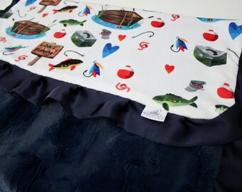 Baby boy Fish BABY BLANKET Fishing Gone Fishing Minky blanket Navy Hide Minky Navy Crib Bedding Boy Nursery Fishing Rod Hook Fishing Boat