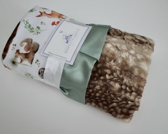 BABY BLANKET, Woodland Deer, Fox, Squirrel, Owl, Bear with Cappuccino Fawn Minky and Sage Green Satin Trim Blanket, Crib Bedding Nursery