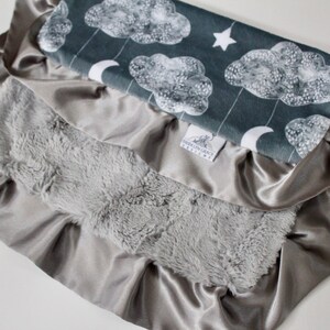 Stars, Clouds and Moon Gray and White, Silver Hide Minky Back LOVIE, Baby Boy Girl, Crib Bedding, Infant, Toddler, Sailing Dreams, Nursery