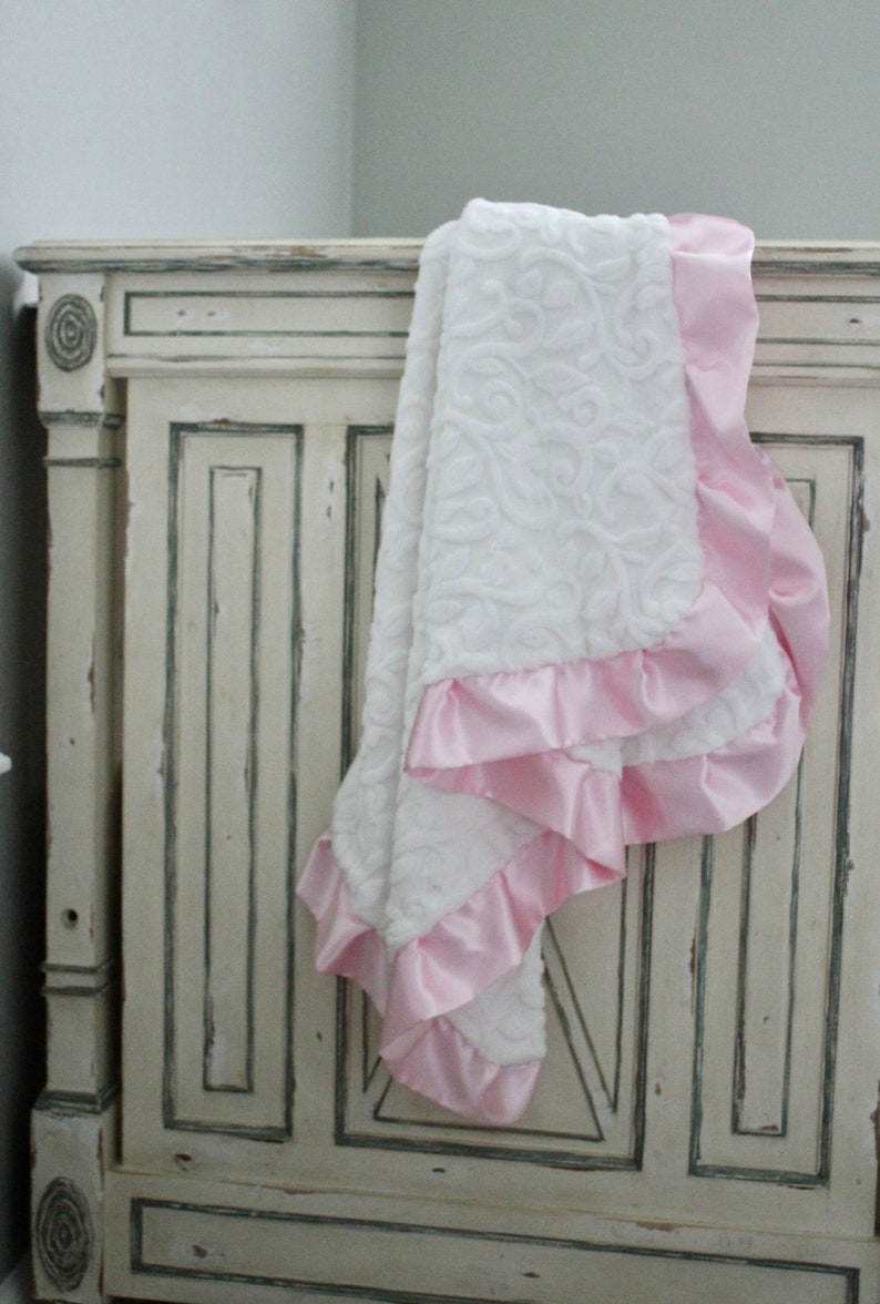 Minky Vine Embossed Baby Blanket in White with Light Pink Satin Trim Baby Girl Crib Bedding Infant and Toddler