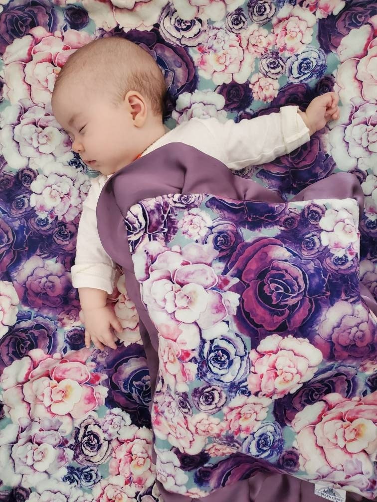 Baby Blanket Purple Floral New Baby Keepsake Minky Peony Satin Blanket Plum Dark Lilac Lavender Pink White Satin Trim Blanket Crib Bedding Etsy