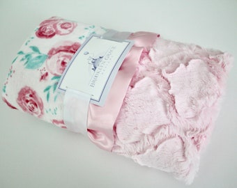 Rose Blush Floral Minky Baby Blanket Baby Pink Minky Back Satin Trim Baby Girl Nursery Shower Gift Keepsake Blanket Pink Mint Floral