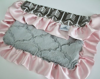 Pink Arrow Lovie Blanket Blush Pink Satin Trim Minky Luxury Baby Girl Gift Boho Nursery Gift