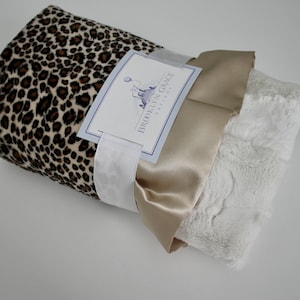Leopard Print Minky Baby Blanket: Champagne Satin Trim, Girl Nursery