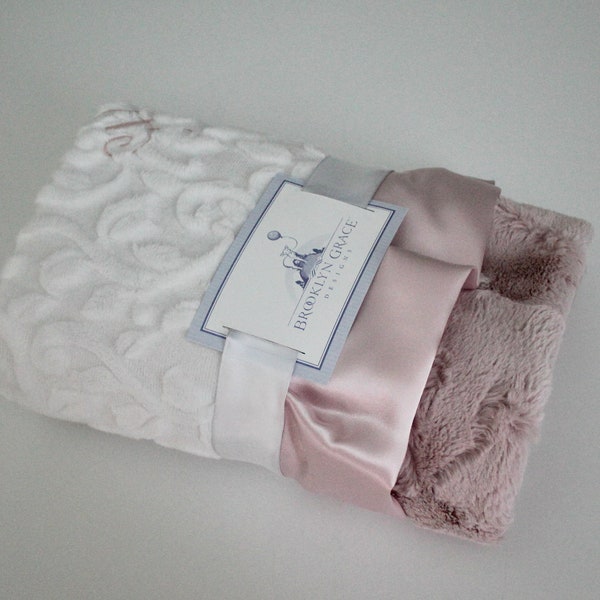 Christening Gift BABY BLANKET New Baby Gift White Embossed Vine Rosewater Hide Minky Back Rosewater Satin Trim Baby Bedding Crib Blanket