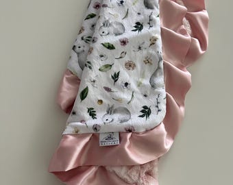 Bunny Spring Bunnies Baby Blanket Minky Satin Rosewater Fawn Back Girl Nursery Crib Blanket Bedding Bunny Nursery New Baby Girl Shower Gift