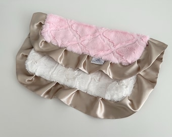 Baby Girl Minky Lovie Blanket: Pink Lattice, Natural Hide, Champagne Satin