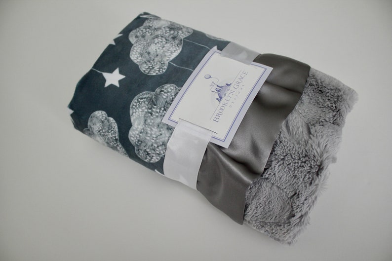 Gender Neutral Dark Gray Satin Trim Crib Bedding Star Nursery Moon Gray and White Minky with White Tile or Silver Hide Minky Cloud