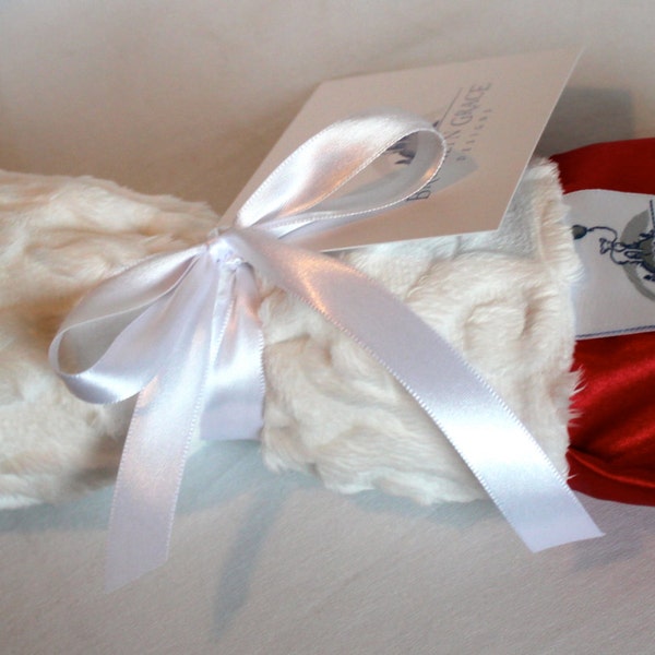 LOVIE: White Embossed Vine Mini Minky Blanket Finished with a Red Satin Ruffle Trim - Holiday, Lovey, Lovie, Baby Blanket