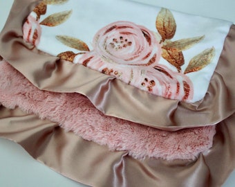 Floral Baby Lovie Minky Blanket Rose Gold Floral Minky Blossom Hide Minky Soft Rose Gold Satin Blanket Nursery Security Blanket Baby Girl