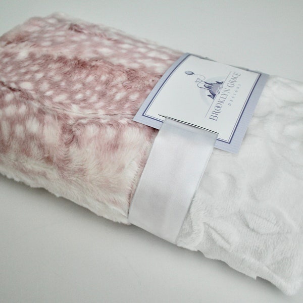 BABY BLANKET: White Embossed Vine with Soft Rosewater Fawn Minky Back and Rosewater Satin Ruffle Trim - Infant, Baby Bedding, Crib Blanket