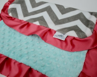 Gray and White Chevron with Coral Satin Trim and Saltwater Blue Minky Back  LOVIE Blanket Caribbean Colors, Nursery, Baby Shower