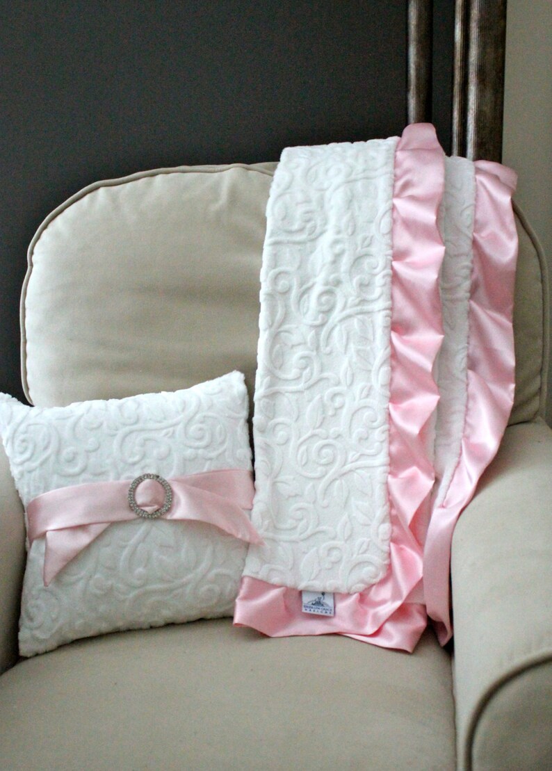 Minky Vine Embossed Baby Blanket in White with Light Pink Satin Trim Baby Girl Crib Bedding Infant and Toddler