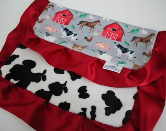 Lovey Blanket Red Gray Black, White, Brown with Cow Minky Back Baby Blanket and Satin LOVIE Blanket Baby Shower Barn Horses Gifts for Kids