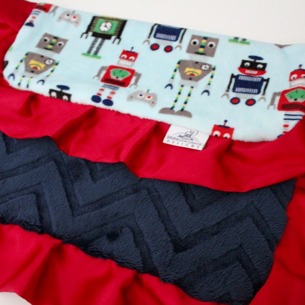 LOVIE BLANKET. Robot Minky Mini Blanket with Navy Embossed Chevron Backing, Red Satin Trim, Baby Boy LOVEY, Infant, Toddler