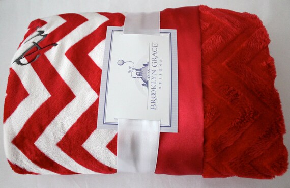 Red and White Chevron With Solid Red Embossed Minky and Red Satin