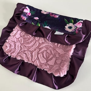 Floral Minky Lovie Blanket: Plum Satin Trim, Rose Minky Back