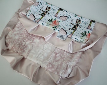 LOVIE or BABY BLANKET: Spring Rain Fox Floral with Rosewater Satin Trim and Rosewater Fawn Minky Mini Blanket Baby Shower, Nursery