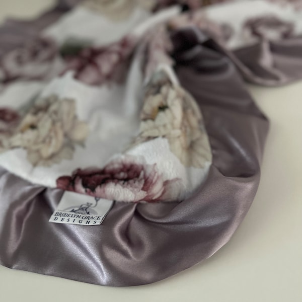 LOVIE Blanket Peony Floral in Plum Purple Pink Green Ivory Misty Mauve Elderberry Minky Fabric Back Dusty Lilac Satin Baby Blanket Peonies