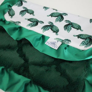Sea Turtle Lovie Blanket Mini Lovey Green White Emerald Green Lattice Minky Back Kelly Green Satin LOVIE Blanket - Neutral Nursery, Ocean