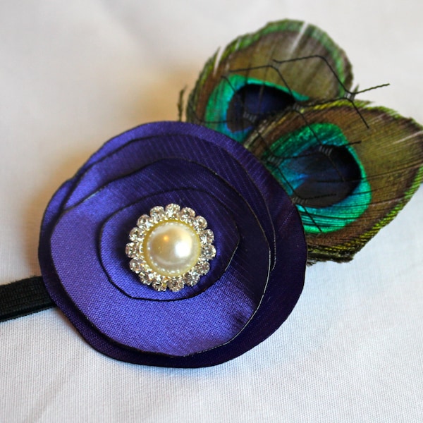 Satin Lollipop Flower headband with peacock feathers, french netting, and Rhinestone or Pearl Center Stone