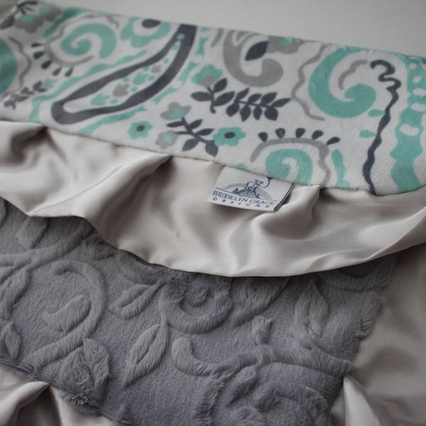 Mint, Gray, Charcoal Gray and white Paisley Lovey, Lovie Blanket with Gray Embossed Vine Back and Silver Gray Satin Trim, Baby Shower