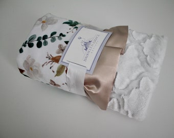BABY BLANKET Magnolia Floral with White Lattice Minky and Champagne Gold Satin Trim White Emerald Green Roses Girl Nursery