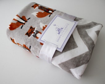 Nifty Fox in Steel Gray with Gray and Chevron Back Minky Blanket - Baby boy, Baby Shower, Nursery, Crib Bedding, Burnt Orange, White