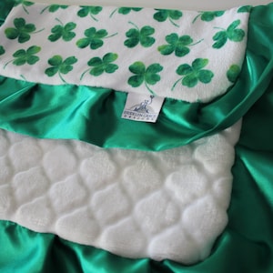 LOVIE BLANKET Four Leaf Clover Saint Patrick&#39;s Day Lucky LOVEY White and Kelly Green Satin Trim Holiday Lovie Baby Blanket Custom Blanket