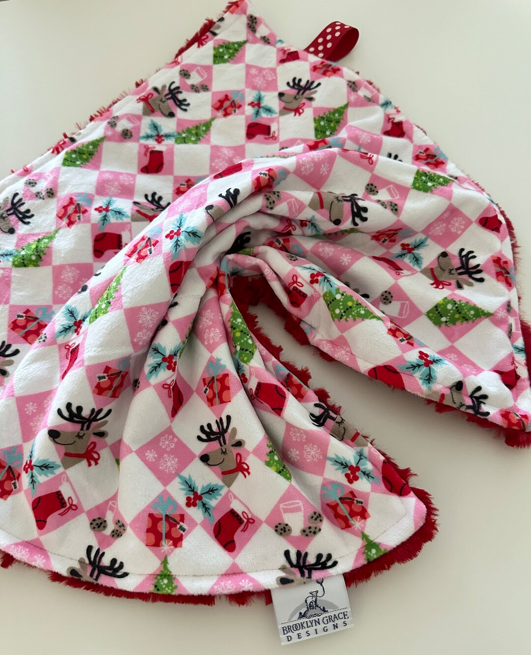 Reindeer Lovie Blanket Red White Fawn Deer Woodland Baby Lovey Blanket