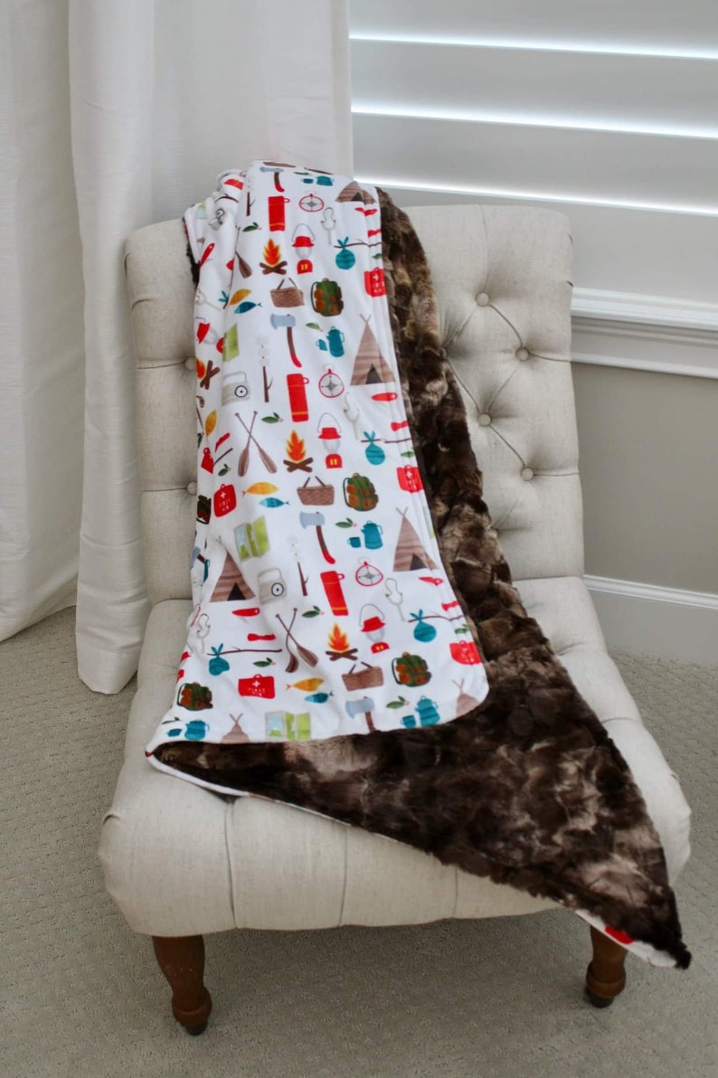 Crib Bedding Boy Scout Camping Hunting Minky Toddler Bed Blanket Comforter with Faux Chocolate Rabbit Faux Fur Minky Backing Boy Bedding