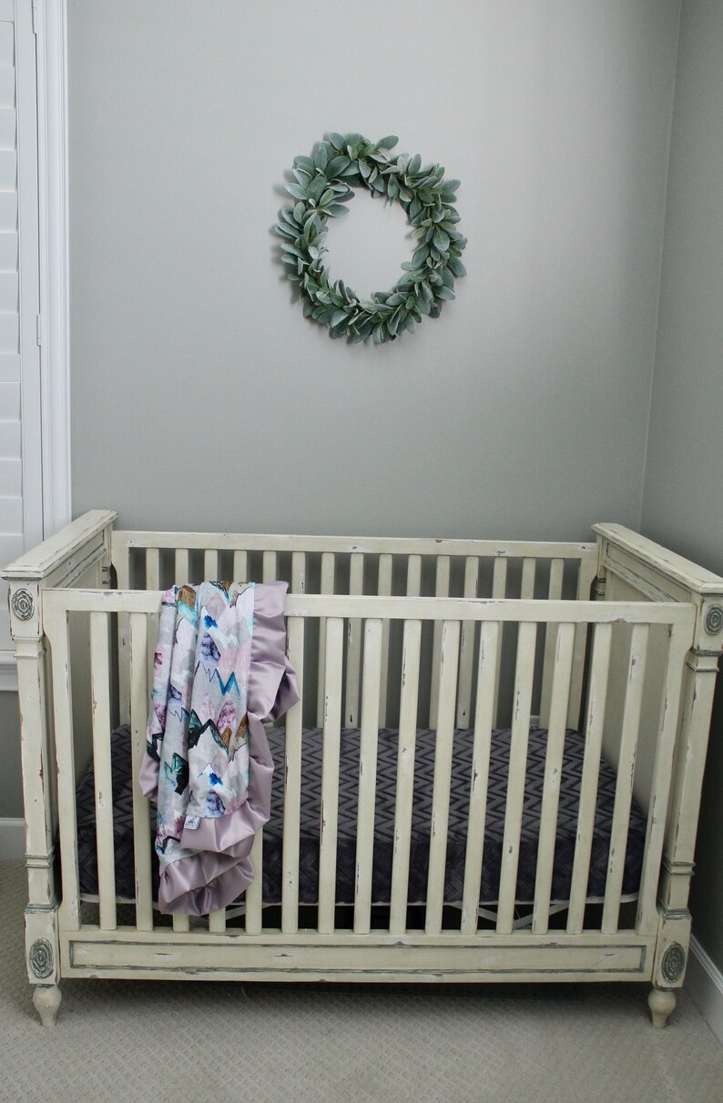 Call of the Mountains Gray Minky Blanket Baby Shower Pink Dawn Satin Aqua Lavender Nursery Peaks and Valleys Plum Crib Bedding