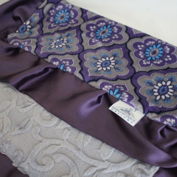 Majestic Tile Indigo with Gray Embossed Vine Minky Blanket, Lovie, Lovey - Purple, Gray, Turquoise - Baby Blanket, Shower Gift