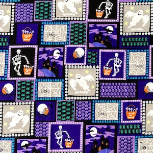 May include: A cotton fabric featuring a repeating Halloween patchwork pattern with ghosts labelled spooky, skeletons holding trick or treat buckets, spider webs, owls on branches, haunted houses, and small purple jack-o'-lanterns.