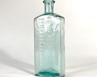 Vintage Aqua Glass Medicine Bottle • Embossed TABLESPOONS + Measurements • Antique Molded Apothecary Bottle