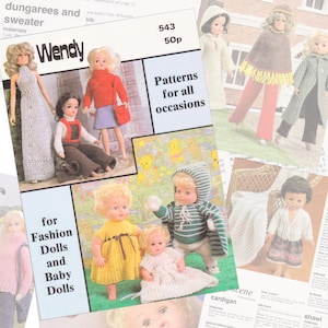 May include: A magazine cover for "Wendy" featuring doll patterns. The cover displays dolls in knitted outfits, such as dresses, sweaters, and a hooded jacket. Text includes "Patterns for all occasions" and "for Fashion Dolls and Baby Dolls". The price is 50p.