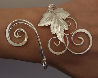 Silver ivy leaf bracelet, handmade forest vine cuff bangle, elven bridal wedding jewellery