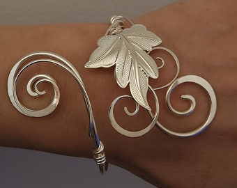 Silver ivy leaf bracelet, handmade forest vine cuff bangle, elven bridal wedding jewellery