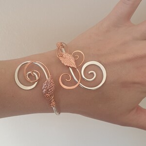 Silver and copper leaf bracelet, adjustable wedding gift cuff 画像 2